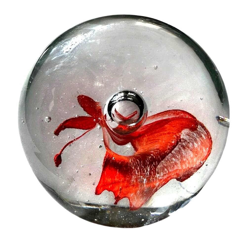 Murano Style Art Glass Paperweight Coral Butterfly Clear Glass Bubble Decor